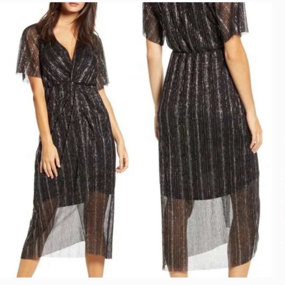 NORDSTROM All in Favor Black & Gold Metallic Dolman Plissé Midi Dress Size L